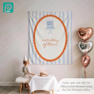 May include: A birthday banner with blue and white stripes and an orange scalloped oval. Inside the oval is a cake illustration and the text "2nd birthday of Olivia". Heart-shaped balloons are to the right.