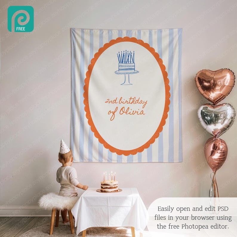 May include: A birthday banner with blue and white stripes and an orange scalloped oval. Inside the oval is a cake illustration and the text "2nd birthday of Olivia". Heart-shaped balloons are to the right.