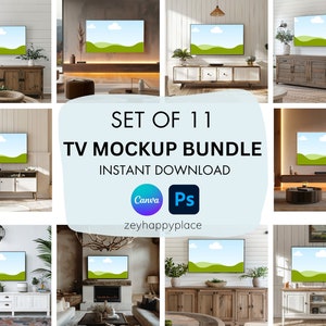 May include: Set of 11 TV Mockup Bundle - Instant Download.  A collection of 11 images showcasing different styles of living rooms with a TV screen mockup.  The images feature various furniture styles, colors, and decor, providing a versatile range of options for showcasing TV designs.