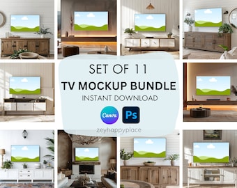 TV Frame Mockup Bundle, Frame Mockup, 16:9 TV Frame Mockup, Living Room Mockup Bundle, TV Art Display, Digital Horizontal Tv Frame Set of 11