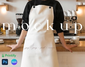 Apron Mockup with Black Straps Canva Template Cafe Barista Apron Mockup Woman Wearing Apron Canva Mockups Printfy Barista's Apron Mockup PSD