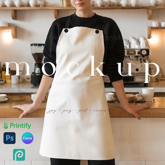 Apron Mockup with Black Straps Canva Template Cafe Barista Apron Mockup Woman Wearing Apron Canva Mockups Printfy Barista's Apron Mockup PSD
