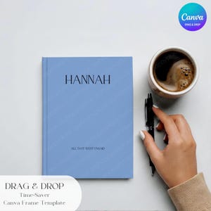 May include: A light blue notebook with the name "HANNAH" printed in black. The text "ALL THAT WENT UNSAID" is below the name. A cup of coffee and a black pen are next to the notebook. The Canva logo is in the upper right corner.