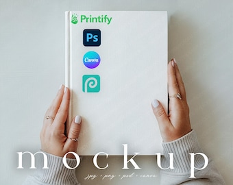 May include: A white book mockup featuring the Printify logo and icons for Photoshop, Canva, and another design platform. The word "mockup" is displayed in a stylish font at the bottom, with file type indications below.