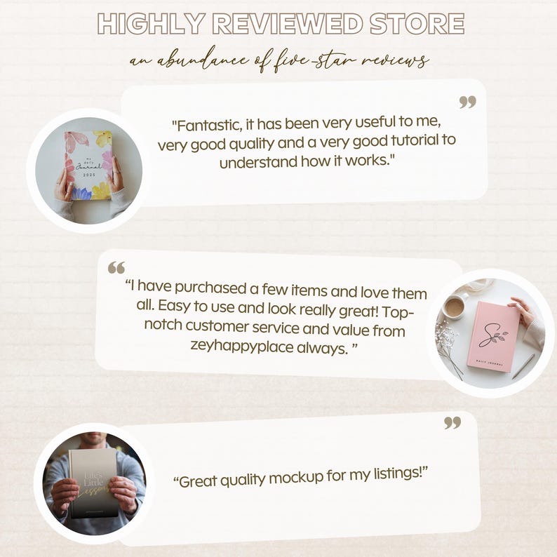 May include: Image showcasing a highly reviewed store with five-star reviews. The image includes customer testimonials in speech bubbles, with examples of the products. The text includes phrases like "Fantastic" and "Great quality mockup".