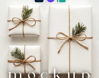 3 Boho Christmas Gift Wrapping Paper Mockup Set Canva Three Christmas Gift Box Mockup Printfy Gift Wrap Paper Holiday Wrapping Bundle PSD