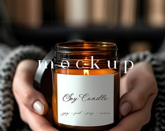 Mockup di candela di soia rustica Printify, Mockup di etichetta di candela, Business di candele quadrate, Candela di vetro ambrato, Mockup intelligente di branding di candele in barattolo