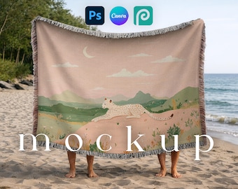 Maqueta de manta tejida horizontal, maqueta de manta grande con diseño horizontal, impresión bajo demanda, Photoshop y Canva.