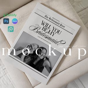 May include: A printable card with a newspaper-style design that says "Will you be my bridesmaid?" in black text on a white background. The card has a black and white photo of two women laughing together.