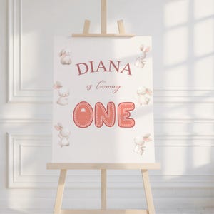 May include: A white sign with pink text and bunny illustrations. The sign says "Diana is turning one".