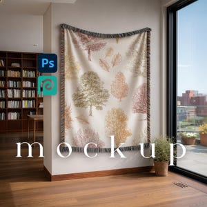 May include: A woven tapestry with a cream background featuring a pattern of trees in shades of brown, orange, and green. The tapestry has a fringed border and is hanging on a white wall. The word "mock up" is at the bottom.