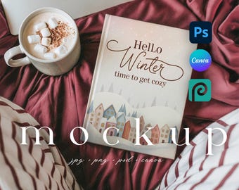 Winter Hardcover Journal Mockup, Printfy Planner Book Cover Canva Template Drag&Drop, Photopea Photoshop Smart Object PSD