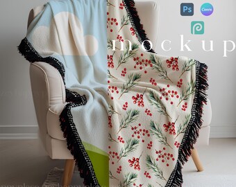 Woven Blanket Mockup Canva, Jacquard Fringed Woven Throw Blanket Mockup PSD, Printify Fringe Blanket, Realistic Woven Texture Smart Object