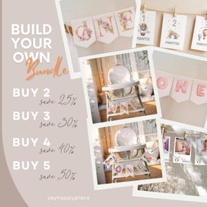 May include: A digital download of printable first birthday party decorations. The image shows a banner with the word "ONE" in pink and white, a set of monthly milestone cards with hot air balloons, and a banner with the word "ONE" in pink and white. The text "BUILD YOUR OWN Bundle" is also visible. The text "BUY 2 save 25%, BUY 3 save 30%, BUY 4 save 40%, BUY 5 save 50%" is also visible.