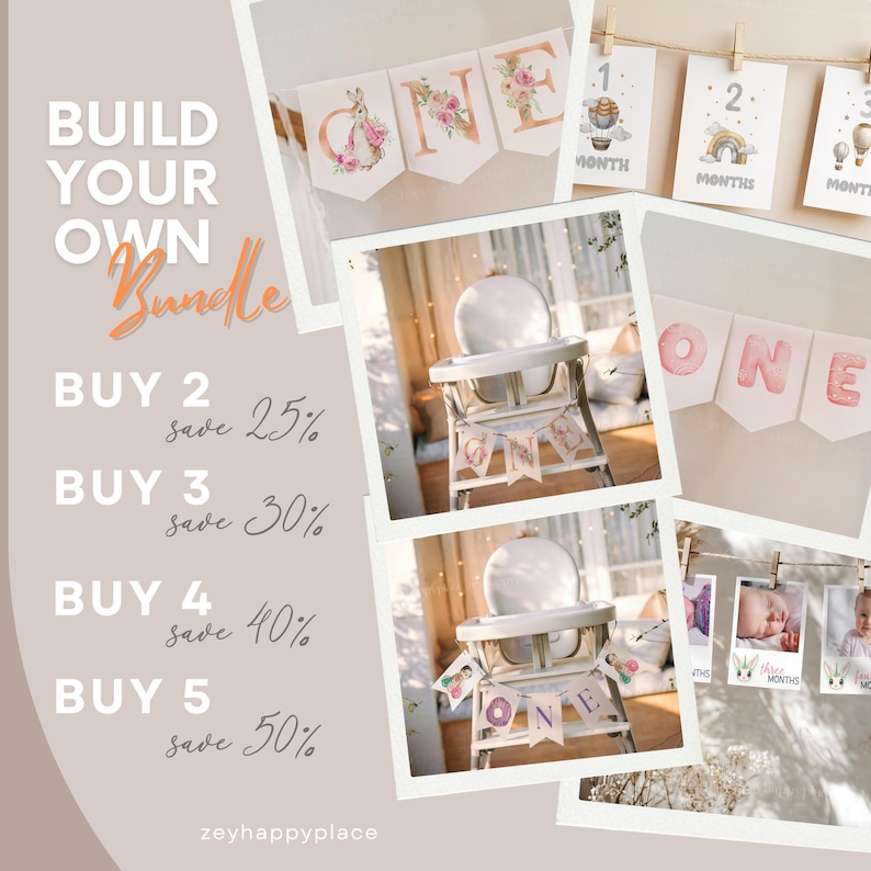 May include: A digital download of printable first birthday party decorations. The image shows a banner with the word "ONE" in pink and white, a set of monthly milestone cards with hot air balloons, and a banner with the word "ONE" in pink and white. The text "BUILD YOUR OWN Bundle" is also visible. The text "BUY 2 save 25%, BUY 3 save 30%, BUY 4 save 40%, BUY 5 save 50%" is also visible.