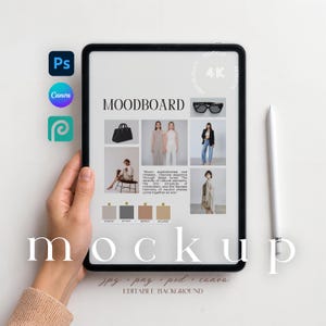 May include: A tablet displaying a moodboard with images of fashion items, including a handbag, sunglasses, and clothing. The tablet is held by a hand, with a stylus and app icons visible. Text on the screen reads "MOODBOARD" and "mockup".