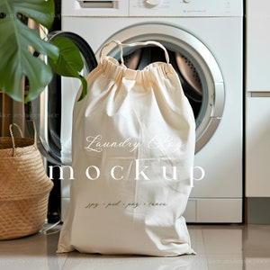 Maquette de sac à linge | Maquette de sac fourre-tout à linge en toile | Maquette de sacs à linge | Fourre-tout pour laverie | Maquette de sac à cordon PSD | Instantané