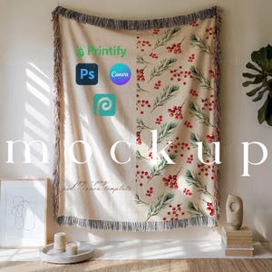 Decorative Woven Throw Blanket Mockup Gooten Mockups Woven Blanket PSD Jacquard Fringed Print on Demand Woven Blanket Mockup Canva Template