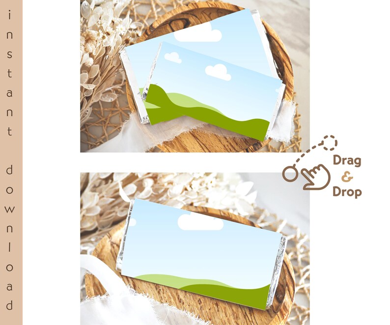 May include: Two blank printable gift tags featuring a blue sky, white clouds, and green grass design. The tags are displayed on a wooden surface with a white fabric background.