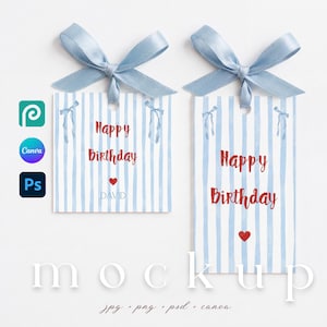 Gift Tag Mockup with Natural Blue Ribbon Minimalist Party Thank You Tag Mockup Canva Birthday Gift Tag Set Mockup Baby Shower Tag Photoshop
