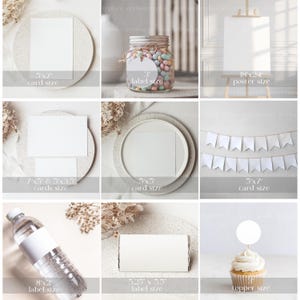 May include: A mockup image showing different sizes of blank cards, labels, and a poster. The image includes a 5x7 inch card, a 5x5 inch card, a 7.5x5.5 inch card, a 3 inch label, a 5.25x3.5 inch label, an 8x2 inch label, and an 18x24 inch poster.
