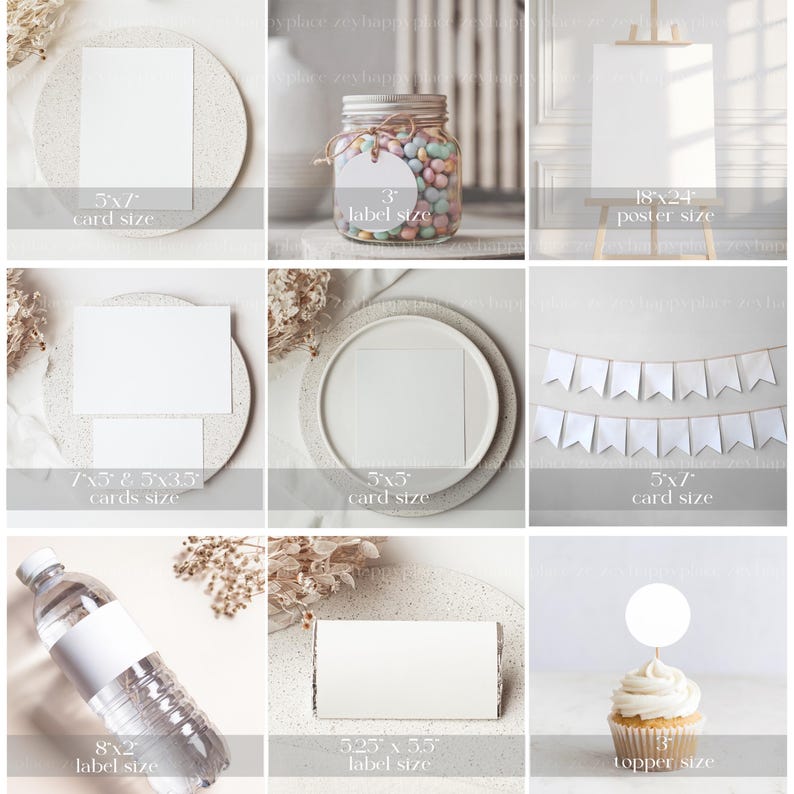 May include: A mockup image showing different sizes of blank cards, labels, and a poster. The image includes a 5x7 inch card, a 5x5 inch card, a 7.5x5.5 inch card, a 3 inch label, a 5.25x3.5 inch label, an 8x2 inch label, and an 18x24 inch poster.