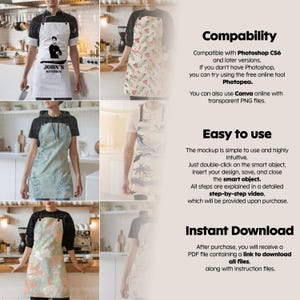 May include: Mockup of a white apron with the text "John's Kitchen" and a chef illustration. The mockup is compatible with Photoshop CS6 and later versions. It can also be used with Canva and Photopea.