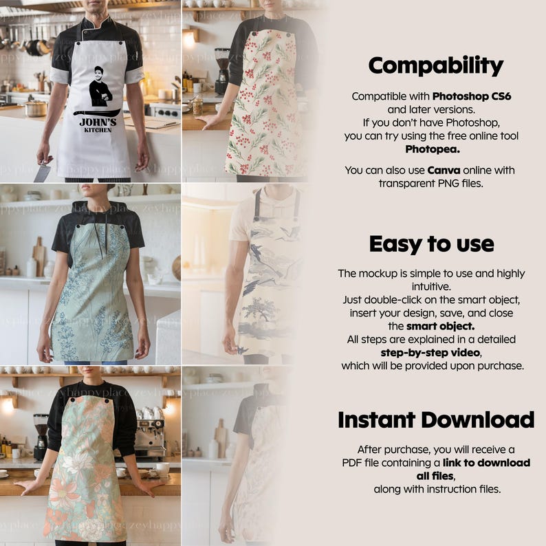 May include: Mockup of a white apron with the text "John's Kitchen" and a chef illustration. The mockup is compatible with Photoshop CS6 and later versions. It can also be used with Canva and Photopea.