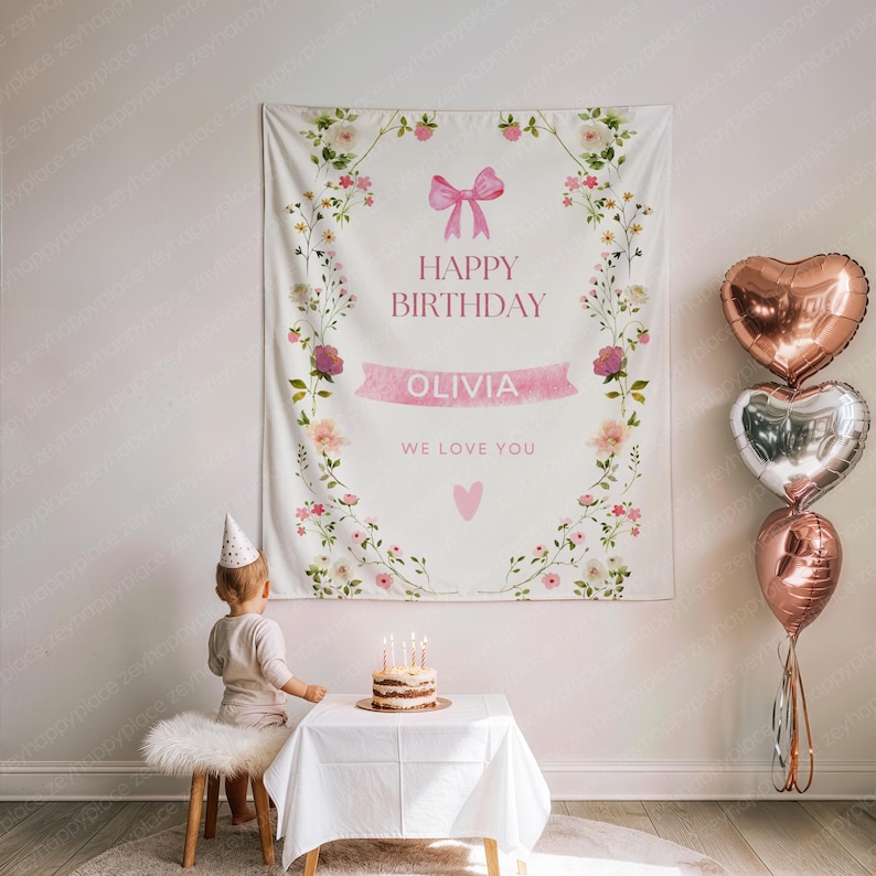May include: A white birthday banner with floral and pink bow accents. The banner reads "HAPPY BIRTHDAY OLIVIA WE LOVE YOU." A small cake with lit candles sits on a table. Heart-shaped balloons are to the right.