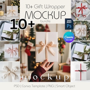 Puede incluir: Un paquete de maquetas de envoltorios de regalo. La imagen muestra una colección de cajas de regalo blancas con varios colores de cinta, incluyendo dorado, rojo y verde. Se muestra el texto "10+ Gift Wrapper MOCKUP bundle". La imagen también incluye los logotipos de Canva y Photoshop.