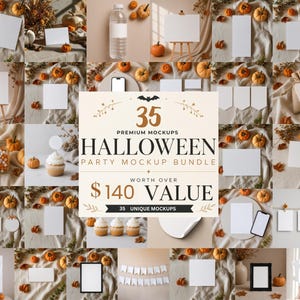 May include: A digital collection of 35 premium Halloween party mockups featuring various blank white paper templates, frames, cards, and party supplies arranged with small orange pumpkins and dried foliage on a neutral fabric background.
