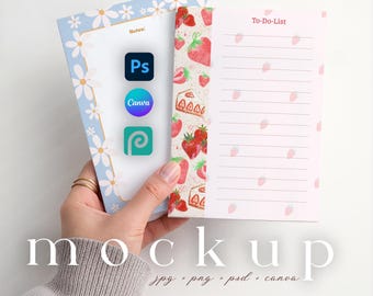 ダブル5x7ノートパッドモックアップセット、2つのペーパーパッドモックアップ、文房具モックアップCanva、Photoshop、Photopea