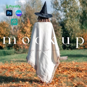 May include: A person wearing a black witch hat and a white fringed poncho stands in a field of autumn leaves. The word "mockup" is displayed in large white letters. The image also includes the logos for Printify, Photoshop, and Canva.