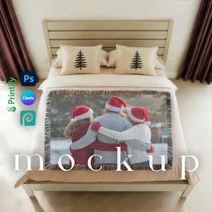 クリスマス織りスローブランケットモックアップ ホリデースローブランケットモックアップ PODジャカードフリンジブランケットモックアップ Canva PSDリアルなテキスタイルテクスチャ