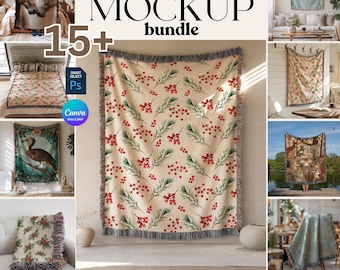 15+ Woven Blanket Mockup Bundle Canva 15+ Jacquard Fringed Woven Blanket Photoshop Wall Hang Tapestry Blanket Mockup Bundle Canva Template