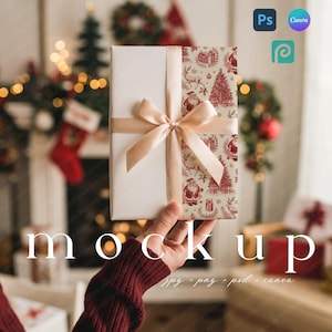 Christmas Wrapping Paper Mockup in Hands Gift Paper Mockup Canva Wrapped Present Mockup Minimalist Holiday Present Box Mockup Drag&Drop PSD