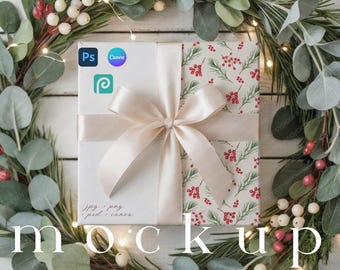 Christmas Wrapping Paper Mockup Gift Paper Mockup Canva Gift Wrap Box Mockup Holiday Wrapped Present Gift Box Model Mockup Drag&Drop PSD
