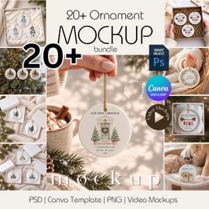 Puede incluir: Un paquete de maquetas digitales para adornos navideños redondos de cerámica con varios diseños festivos, incluyendo ilustraciones de casas, calcetines y mascotas, con textos como 20+ Ornament MOCKUP bundle y Canva Drag & Drop.