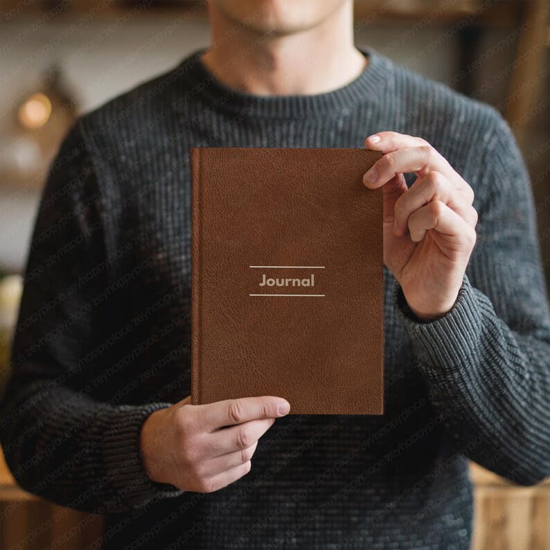 May include: A brown journal with the word "Journal" printed in white. The journal is held by a person wearing a gray sweater. The journal has a textured cover.