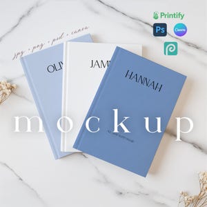 May include: Three hardcover books with the names "OLIVIA", "JAMES", and "HANNAH" printed on the covers. The books are light blue and white, with the word "mockup" and the text "ALL THAT WENT UNSAID" printed on the front. The image also includes the Printify, Ps, and Canva logos.