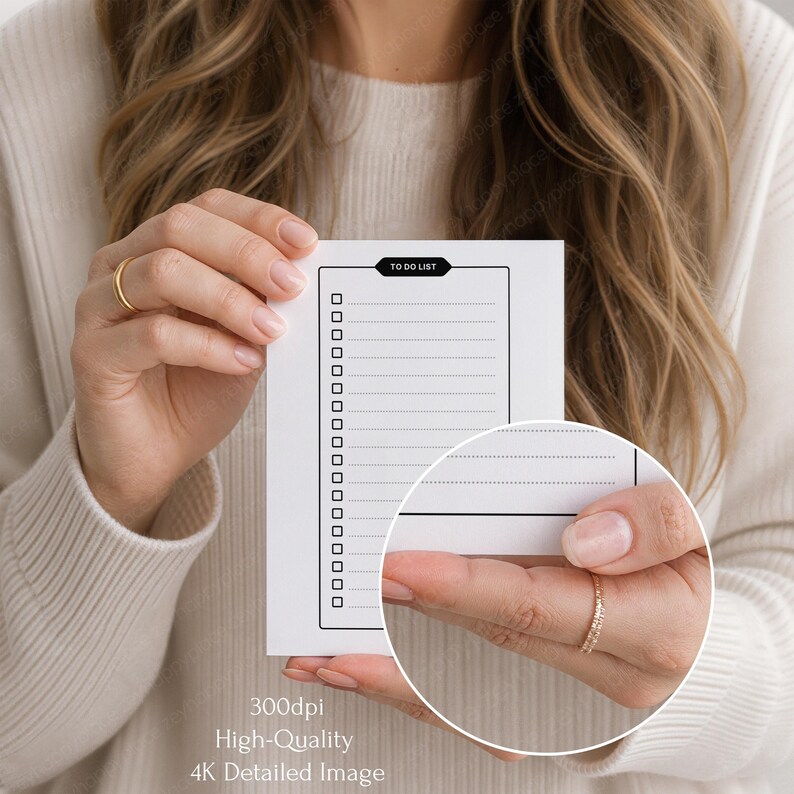 以下が含まれることがあります： 上部に「TO DO LIST」という文字が入った、黒い縁取りの白いメモ帳。 メモ帳には、チェックリストの項目用のボックスが並んでいます。 画像には「300dpi High-Quality 4K Detailed Image」という文字も含まれています。