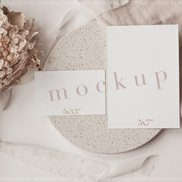 Double Card Neutral Wedding Invite Mockup, Boho Invitation Mockup, 5x7, 5x3.5" Card Set Mockup, Minimalist Wedding Stationery Mockup, 2 PC