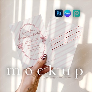 May include: A mockup of Valentine's Day party invitations. The invitations feature a red and white striped design with a decorative oval frame and bows. The text reads "Join us for a Valentine's Party" and includes event details. The mockup also includes the text "mockup".