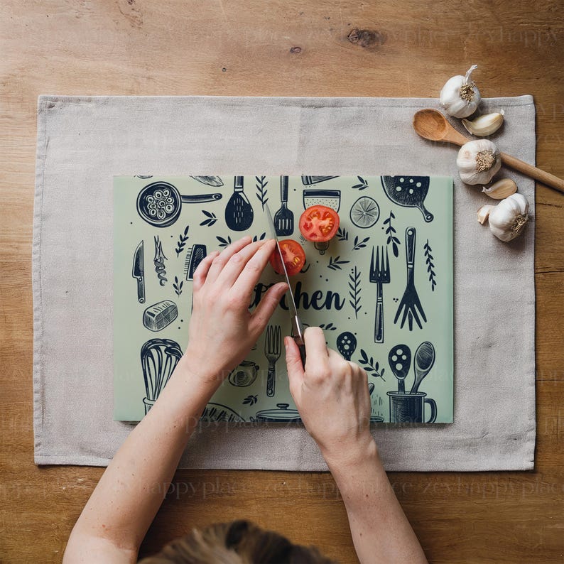 Op de afbeelding: Een persoon snijdt rode tomaten op een groen snijplank met een zwart-wit keukenontwerp. Het snijplank heeft de tekst "Kitchen" erop gedrukt.