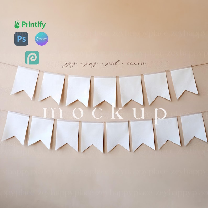 May include: A white banner with 12 blank flags strung together on a beige background. The text "MOCKUP" is written in white below the banner. The text "jpg, png, psd, canva" is written in black above the banner.