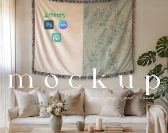 Horizontal Woven Blanket Mockup Minimalist Woven Wall Hanging Landscape Mockup Wall Tapestry Throw Boho Aesthetic Blanket Canva Template PSD