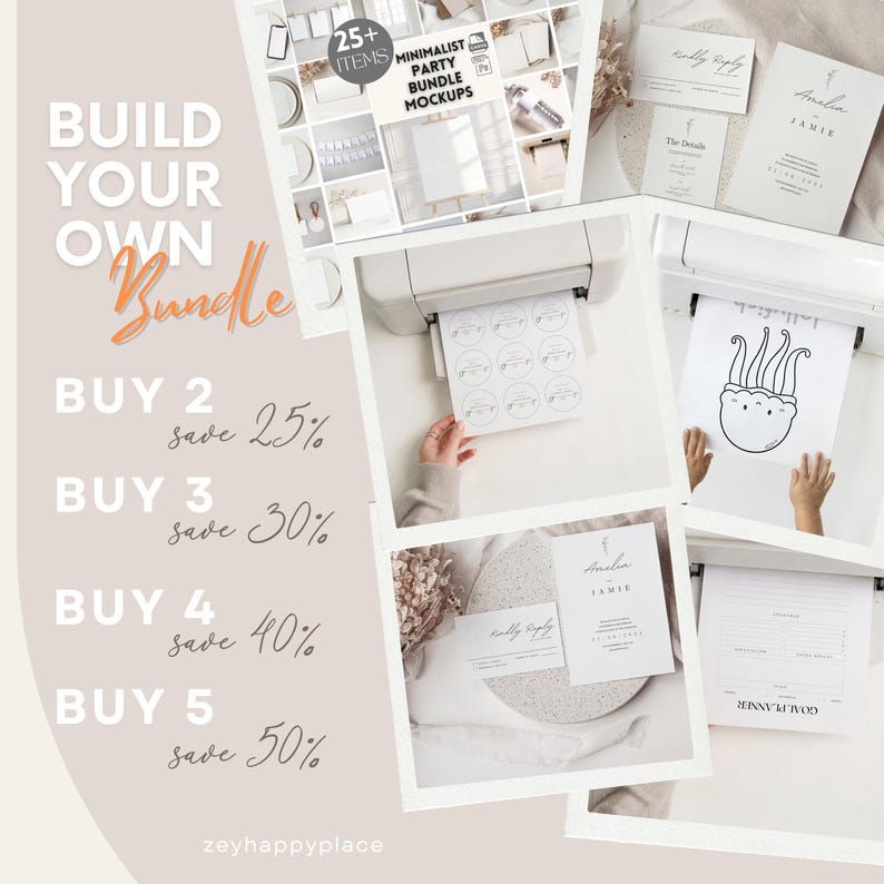 May include: A promotional image for a bundle of minimalist party mockups. The image features various stationery items, including invitations and stickers, along with text that reads "Build Your Own Bundle" and details on savings. The color palette is neutral with a soft, beige background.