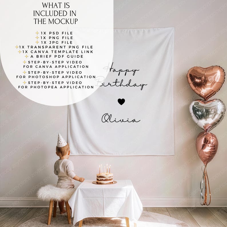 May include: A white backdrop with the text "Happy Birthday Olivia" and a heart symbol. The image includes heart-shaped balloons and a small cake with candles. A child wearing a party hat stands near the cake.