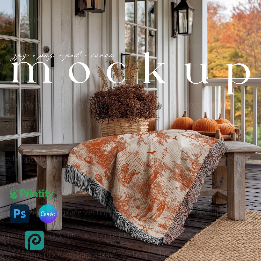Halloween Woven Blanket Mockup With Black and White Fringe Fall
