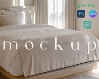 May include: A beige bed with white bedding and a wooden headboard. The bed is in a bedroom with white curtains and sunlight streaming in the window. The text "mockup" is written on the bedspread.